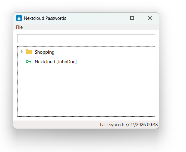 NcPasswords window showing a Shopping folder and a Nextcloud entry with username JohnDoe, and a last-synced status bar.